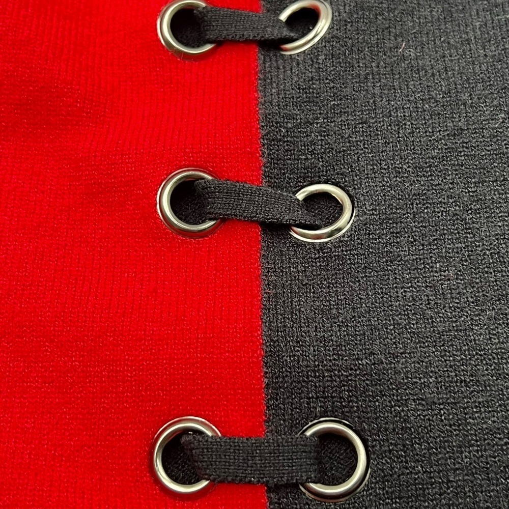 Elena Wang Red Black Lace Up Grommet Colorblock Knit Top Size Large Rockabilly - Picture 4 of 7